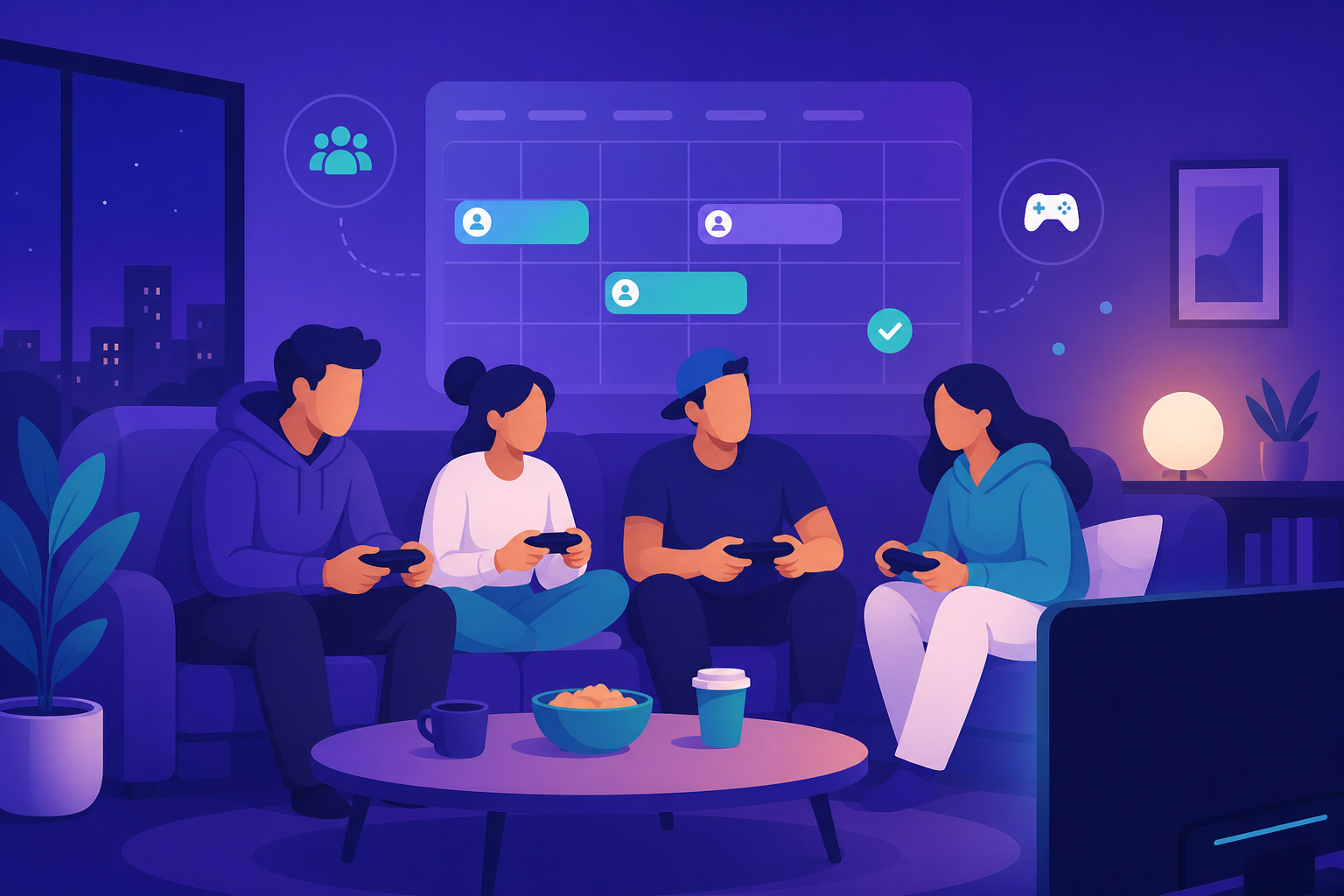 Illustration: Freundesgruppe beim Gaming